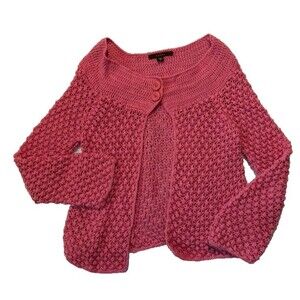 Fever Pink Chunky Crochet Knit Cropped Cardigan Size M Open Weave Long Sleeve